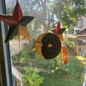 Hand Carved Wooden Star and Moon Ornament Mobile Vintage 90s Indonesia 28.5"